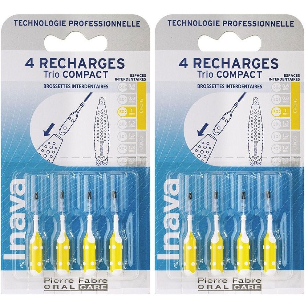 Zwei Packungen Inava Trio Compact Interdentalbürsten. Jede Packung enthält 4 Nachfüllungen. Gelbe Bürsten mit weißem Griff.