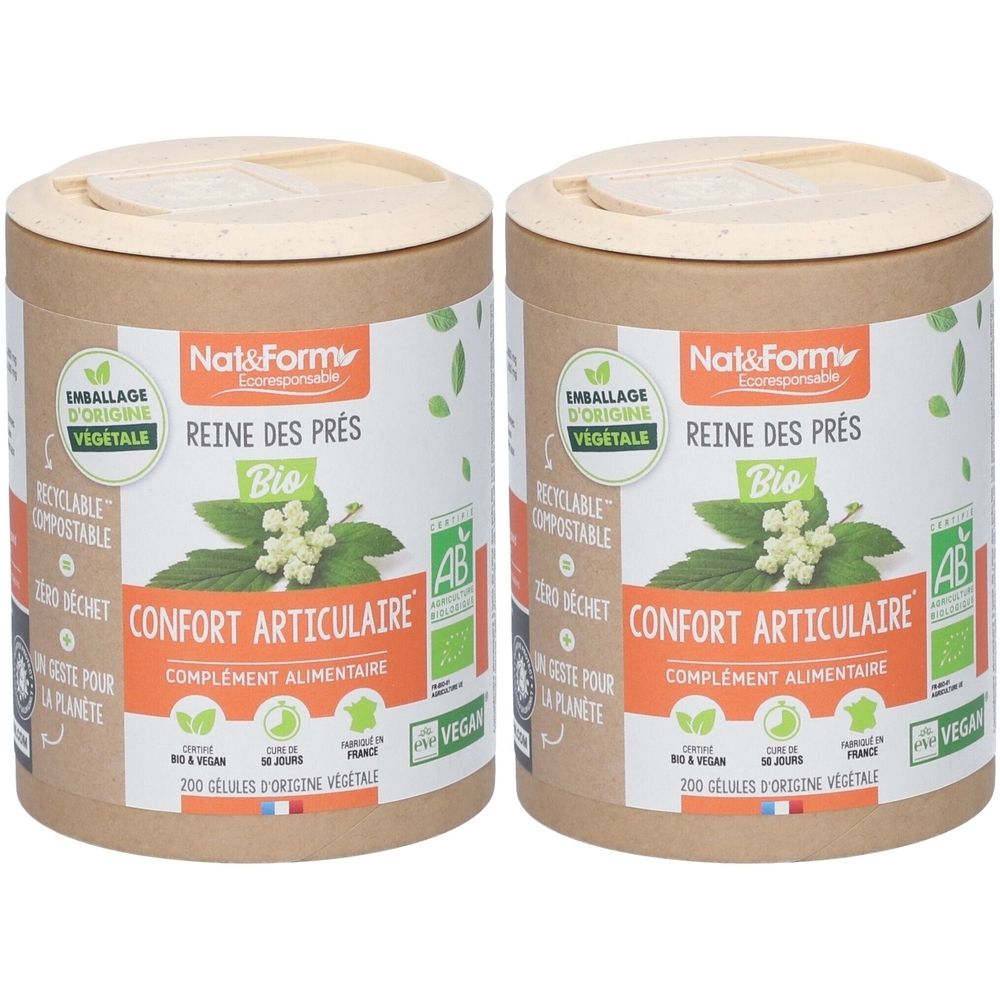 Zwei zylindrische Behälter mit Deckel. Aufschrift: Nat&Form Reine des prés Bio, Confort Articulaire, Nahrungsergänzungsmittel. Bio-Siegel.