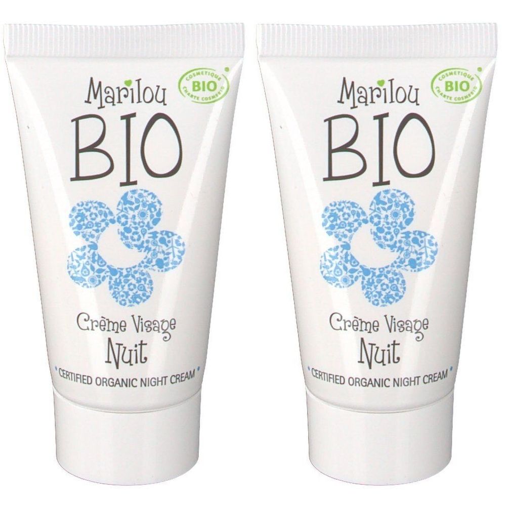Deux tubes blancs avec l'inscription Marilou Bio. Fleur bleue, texte: Crème Visage Nuit, Certified Organic Night Cream. Label Bio.