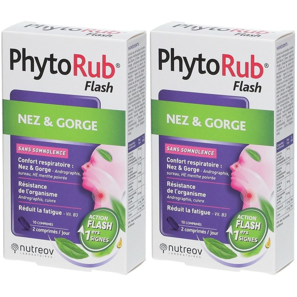 Zwei Schachteln PhytoRub Flash. Aufschrift: Nez & Gorge. Enthält 10 Tabletten. Mit Logo von Nutreov.