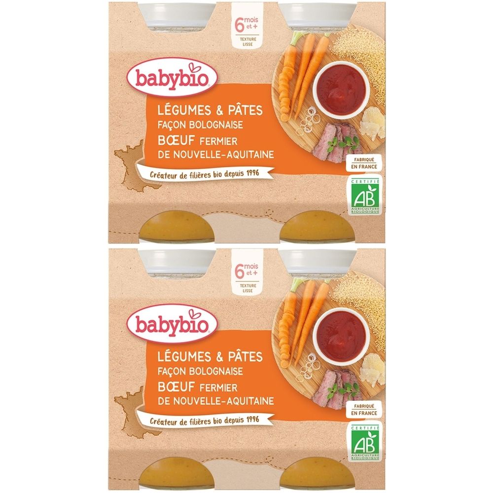 Emballage BABYBIO. Inscription: Légumes & Pâtes façon bolognaise, bœuf fermier de Nouvelle-Aquitaine. Label AB. 6 mois et plus.