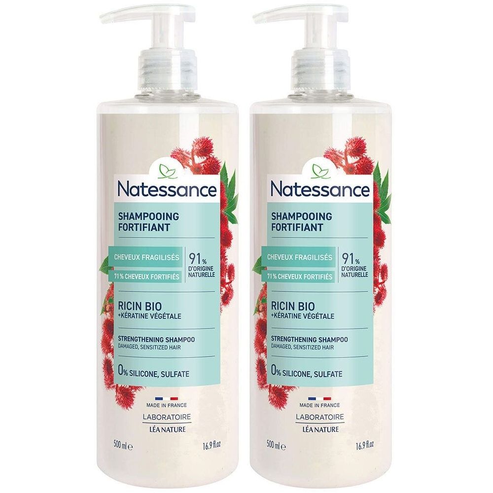 Deux flacons de shampooing avec pompe. Inscription: Natessance, Shampooing Fortifiant, Ricin Bio, 0% silicone, sulfate.