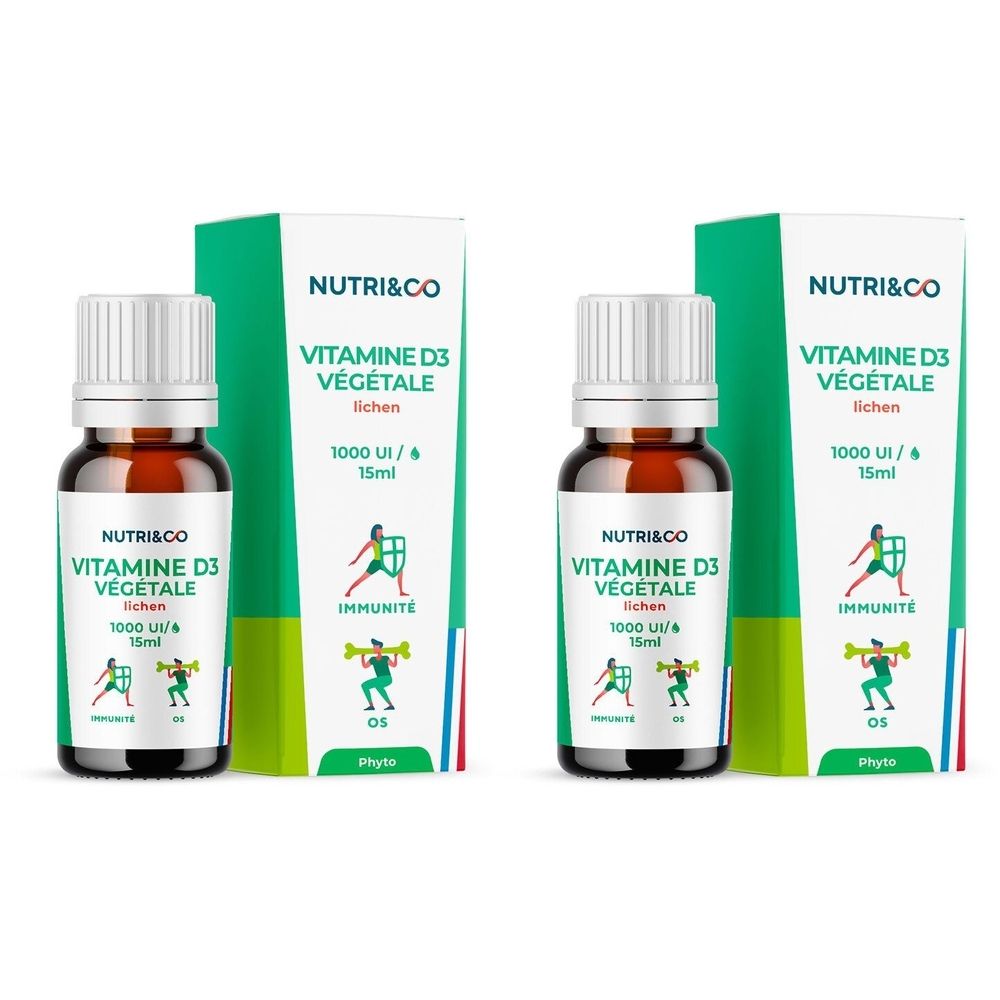 Zwei Flaschen und Verpackungen von NUTRI&CO Vitamine D3 Végétale. Braune Glasflaschen mit weißem Deckel, grüne und weiße Verpackung.