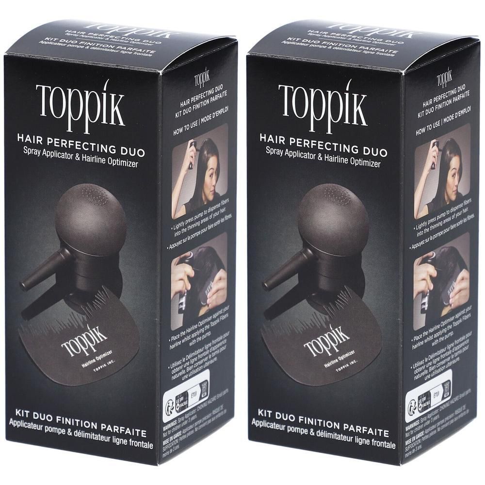 Deux boîtes noires avec le logo "Toppik". Inscription : Hair Perfecting Duo, Spray Applicator & Hairline Optimizer. Illustration du produit.