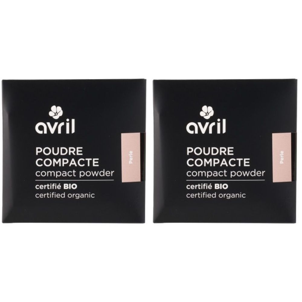 Deux boîtiers carrés noirs de poudre compacte. Inscription : Avril, POUDRE COMPACTE, compact powder, certifié BIO. Avec étiquette Perle.