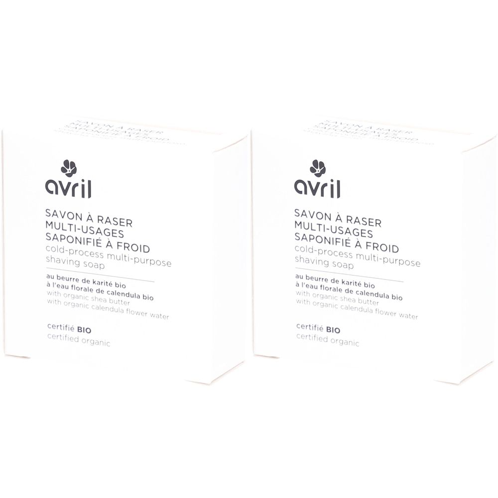 Zwei weiße Kartons mit Produktinformationen. Aufschrift: SAVON À RASER MULTI-USAGES, SAPONIFIÉ À FROID. Marke: avril. Zertifiziert BIO.