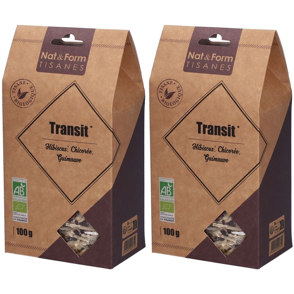 Deux paquets de tisane Transit Nat&Form. Emballage marron avec logo, nom du produit et ingrédients. Certification bio.