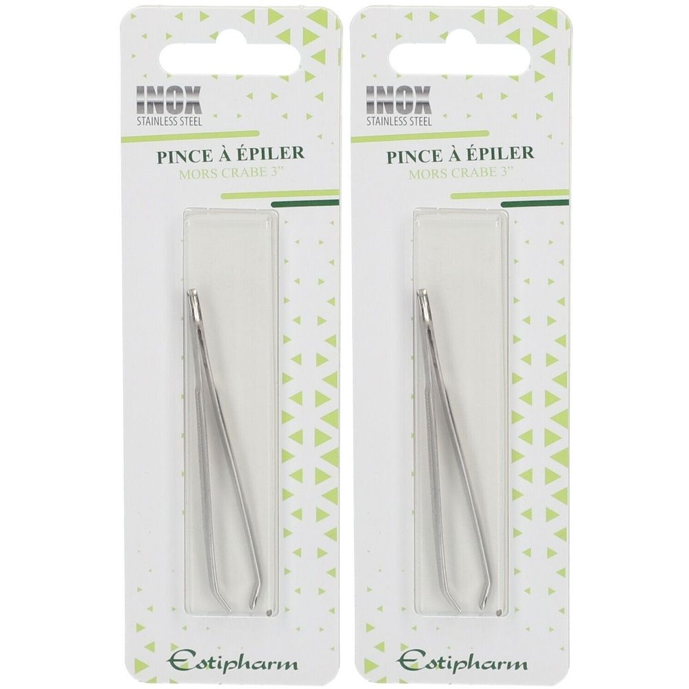 Zwei Pinzetten in Blisterverpackung. Auf der Verpackung steht "INOX STAINLESS STEEL" und "PINCE À ÉPILER MORS CRABE". Marke: Estipharm.