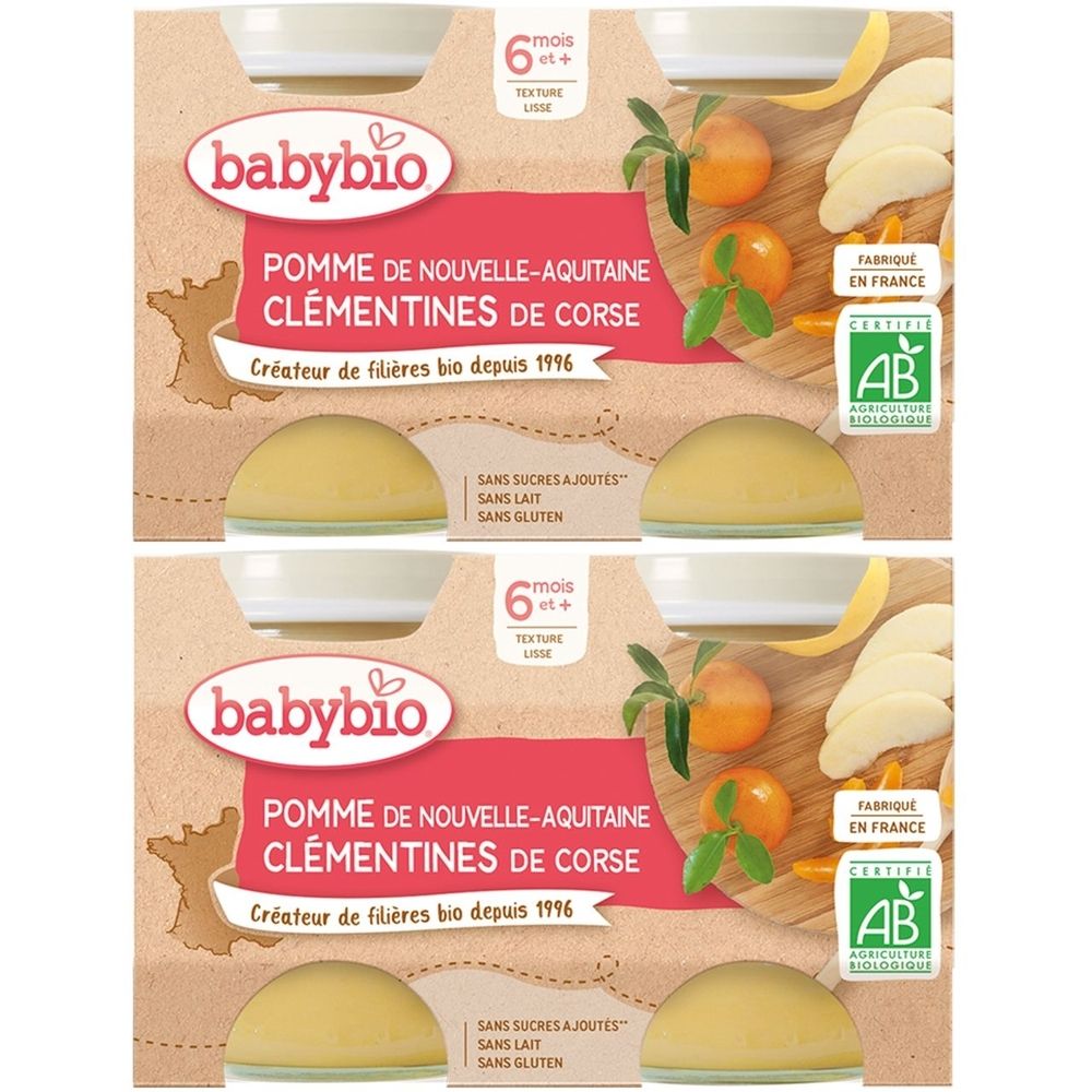 Verpackung mit Babybio-Produkt. Aufschrift: Pomme de Nouvelle-Aquitaine Clémentines de Corse. Bio-Zertifizierung.