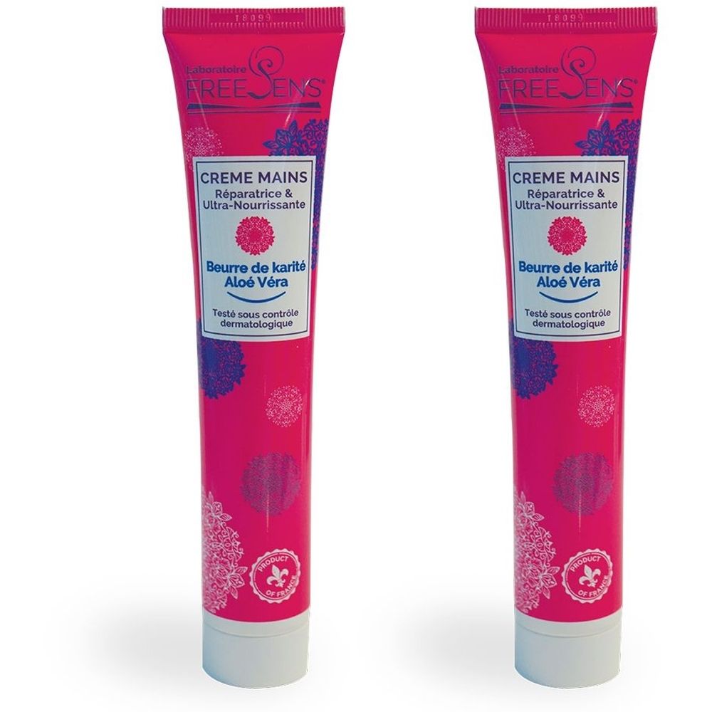 Deux tubes de Crème Mains Freesens. Tubes roses avec texte blanc. Contient beurre de karité et aloe vera. Testé dermatologiquement.