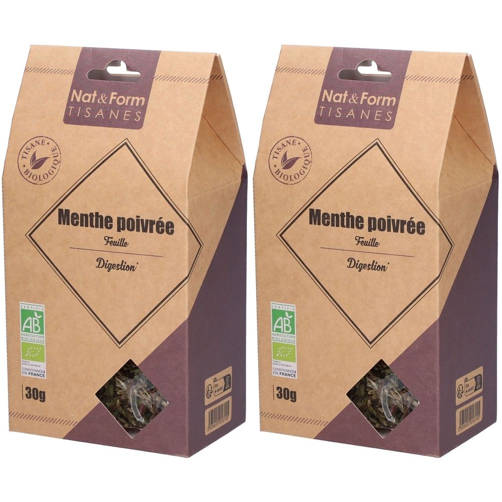 Deux boîtes de tisane Nat&Form Menthe poivrée, 30g. Label AB Bio. Fenêtre laissant voir les feuilles. Emballage en carton.