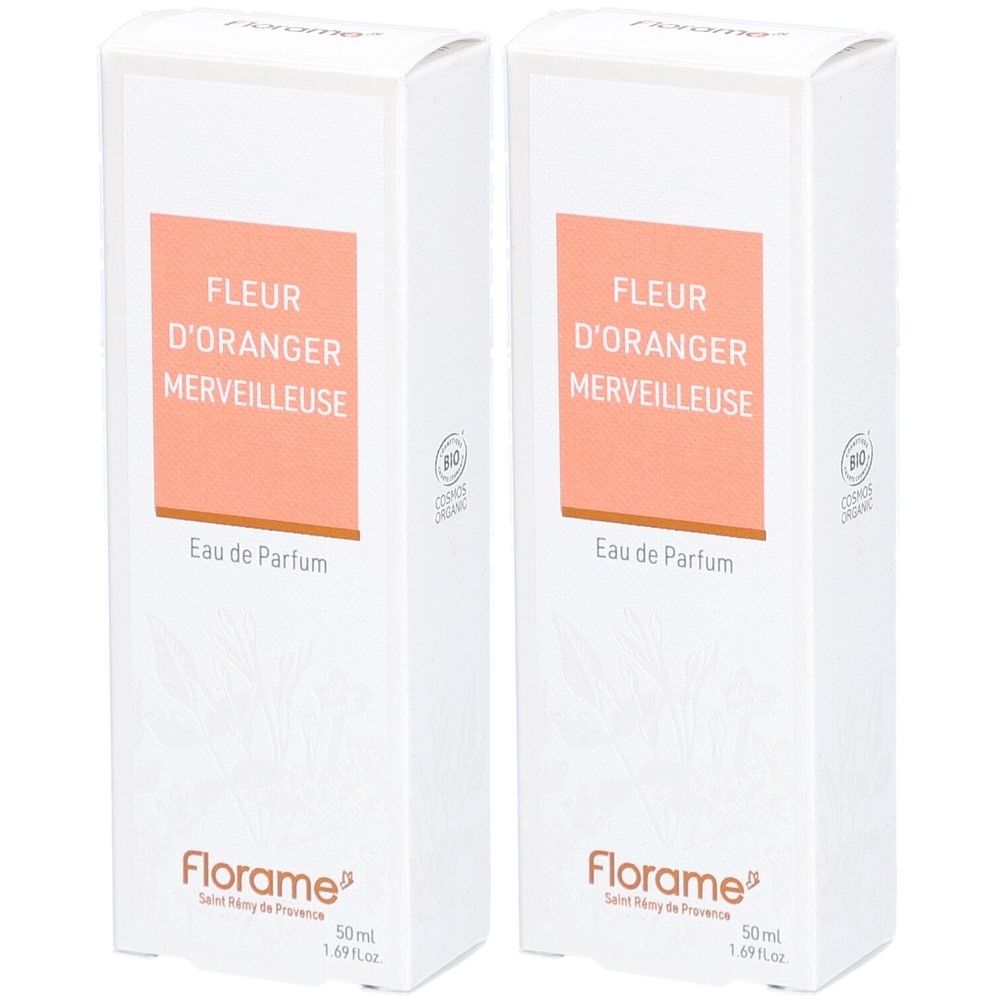 Zwei weiße Kartons mit orangefarbenem Etikett. Aufschrift: FLEUR D'ORANGER MERVEILLEUSE, Eau de Parfum. Marke: Florame. Bio-Zertifizierung.