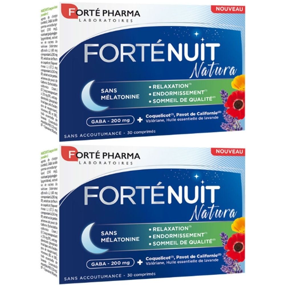 Zwei Schachteln Forté Nuit Natura. Blaue Verpackung mit Produktnamen und Inhaltsstoffen. Enthält 30 Tabletten.