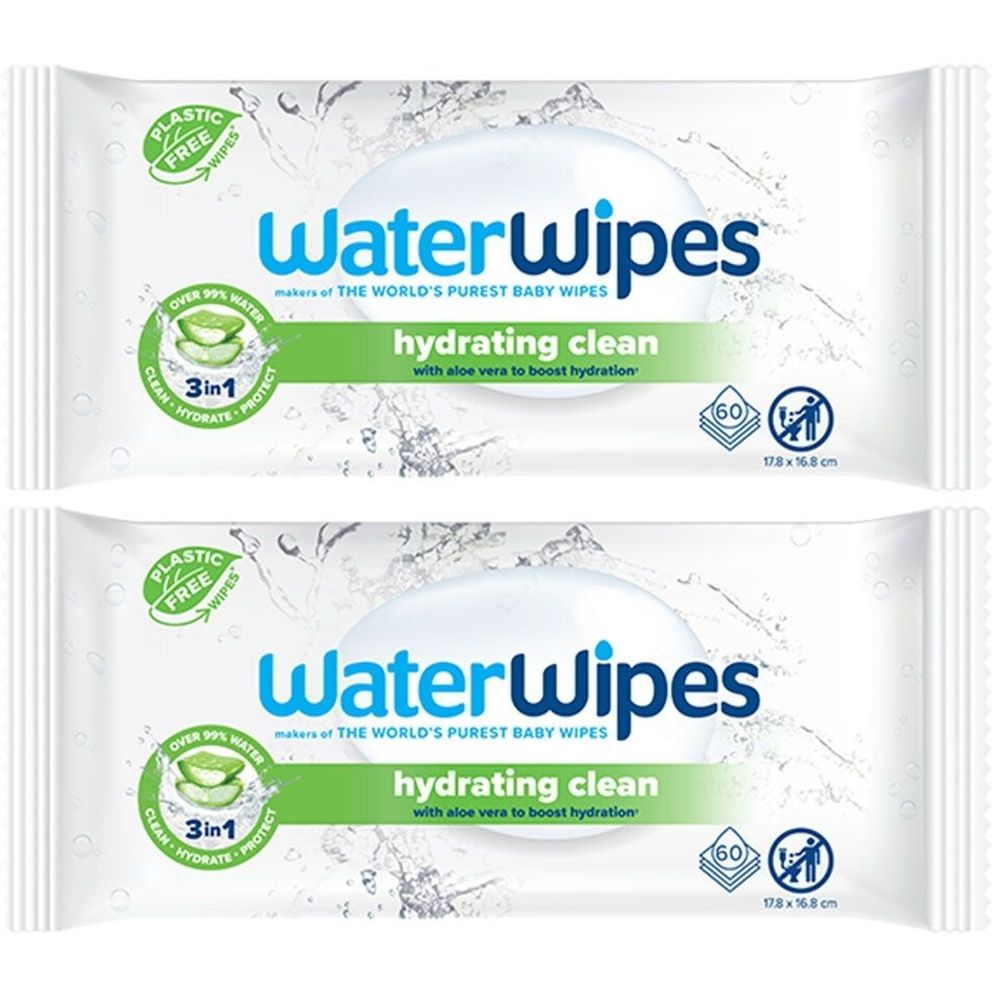 Zwei Packungen WaterWipes Feuchttücher. Aufschrift: hydrating clean mit Aloe Vera. 60 Tücher, 17,8 x 16,8 cm. Plastikfrei.