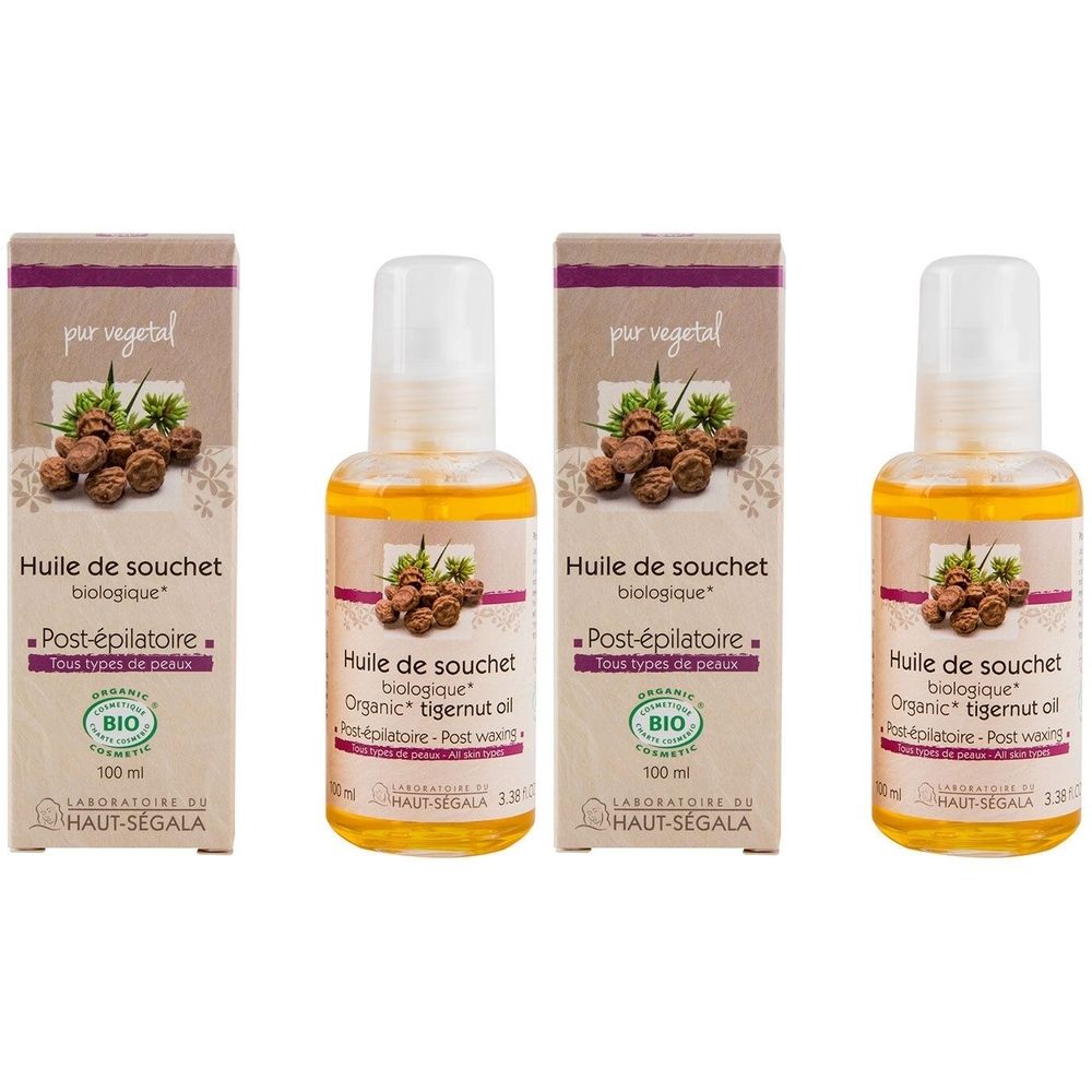 Drei Flaschen und Verpackungen. Aufschrift: Huile de souchet biologique, Post-épilatoire, BIO-Siegel. Flaschen mit gelber Flüssigkeit.