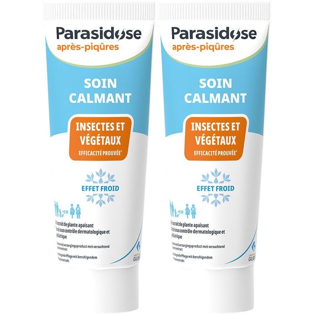 Deux tubes de crème. Inscription: Parasidose après-piqûres, Soin calmant, Insectes et végétaux, Effet froid. Fond blanc et bleu.