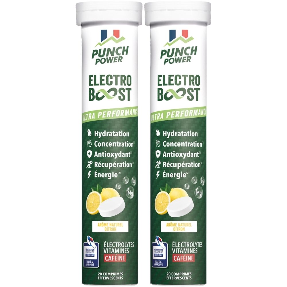 Deux tubes de comprimés effervescents. Inscription: PUNCH POWER ELECTRO BOOST. Contient électrolytes, vitamines, caféine. Illustration de citrons.