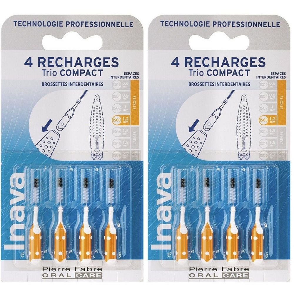 Zwei Packungen Inava Recharges Trio Compact. Jede Packung enthält 4 Interdentalbürsten. Orangefarbene Griffe, transparente Borsten, 1,2 mm.