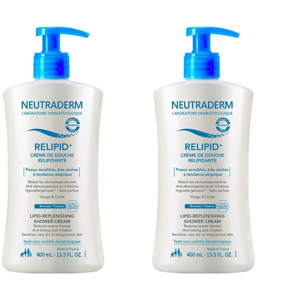 Zwei weiße Flaschen mit blauem Pumpkopf. Aufschrift: Neutraderm Relipid+ Crème de Douche Relipidante. 400 ml.