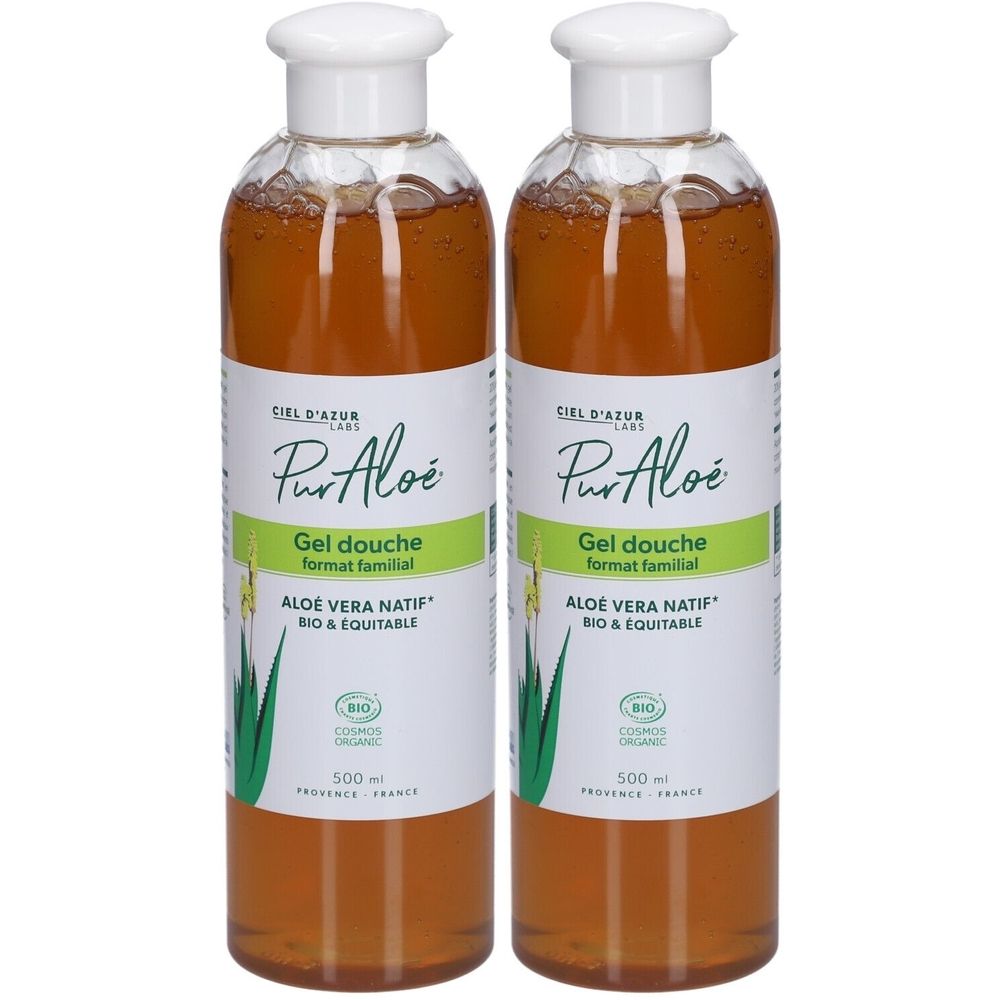 Deux flacons de gel douche avec bouchon blanc. Inscription : Pur Aloé, Gel douche, Aloe Vera Natif. Certification bio.