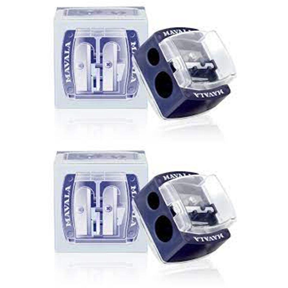 Deux taille-crayons cosmétiques. Un taille-crayon blanc carré avec deux ouvertures et le texte MAVALA. Un taille-crayon bleu foncé avec deux ouvertures.