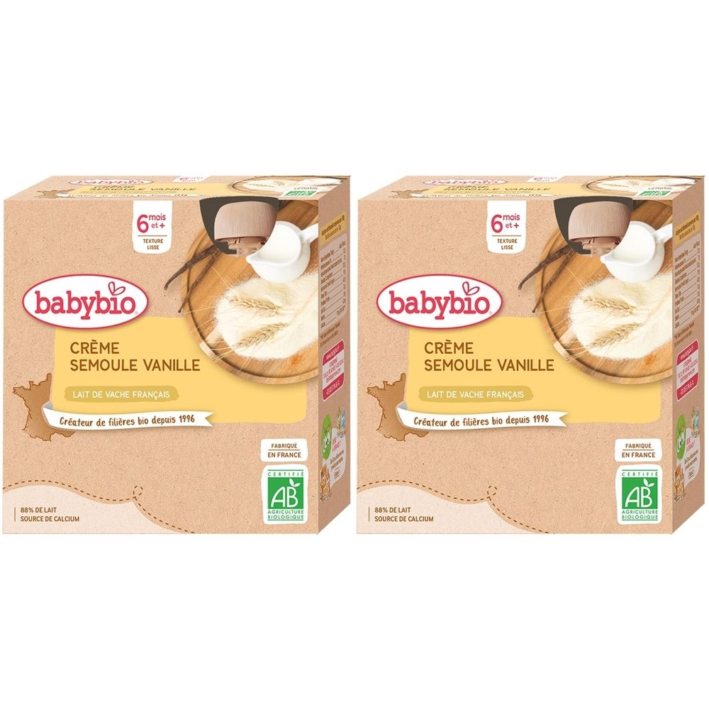 Deux boîtes de Babybio Crème Semoule Vanille. Inscriptions : 6+ mois, label AB, lait de vache français. Illustration de crème à la vanille.