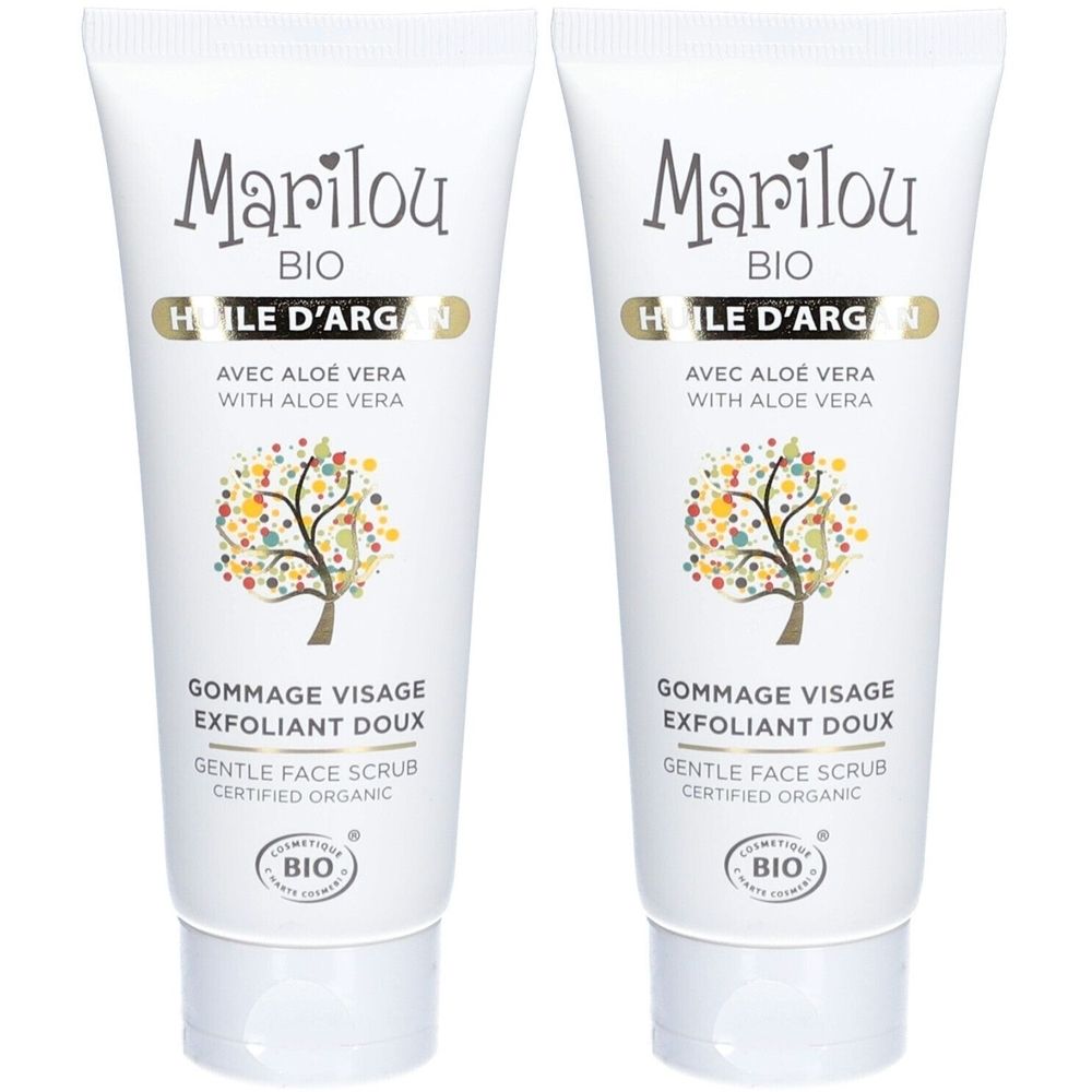 Zwei Tuben Marilou Bio Gommage Visage. Weiß, mit Schriftzug und Logo. Enthält Arganöl und Aloe Vera. Bio-Zertifizierung.