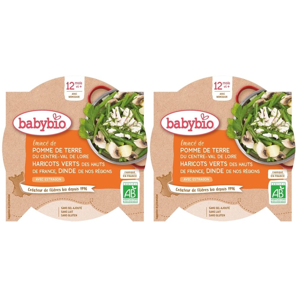 Deux emballages Babybio. Inscription : EMINCÉ DE POMME DE TERRE, HARICOTS VERTS, DINDE. Label AB. Pour bébés dès 12 mois.