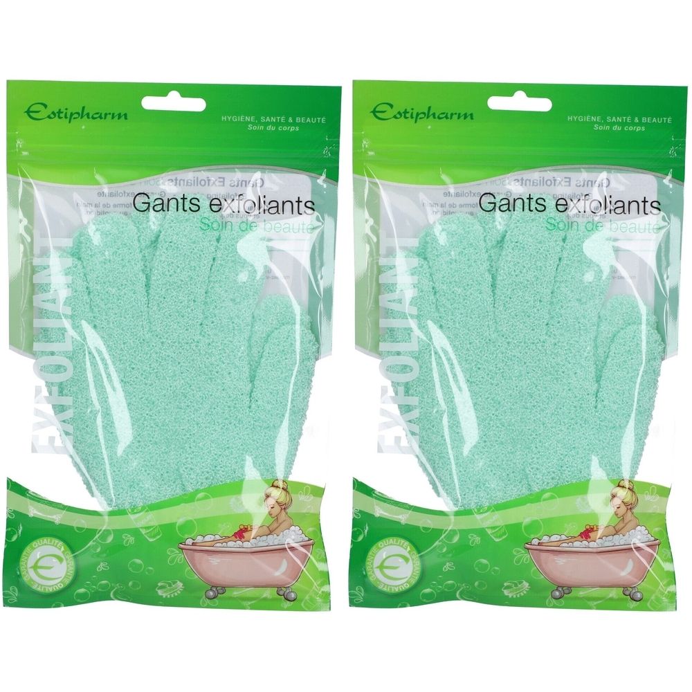 Zwei Packungen Peeling-Handschuhe. Grünliche Handschuhe in transparenten Beuteln. Marke Estipharm, Schriftzug "Gants exfoliants".