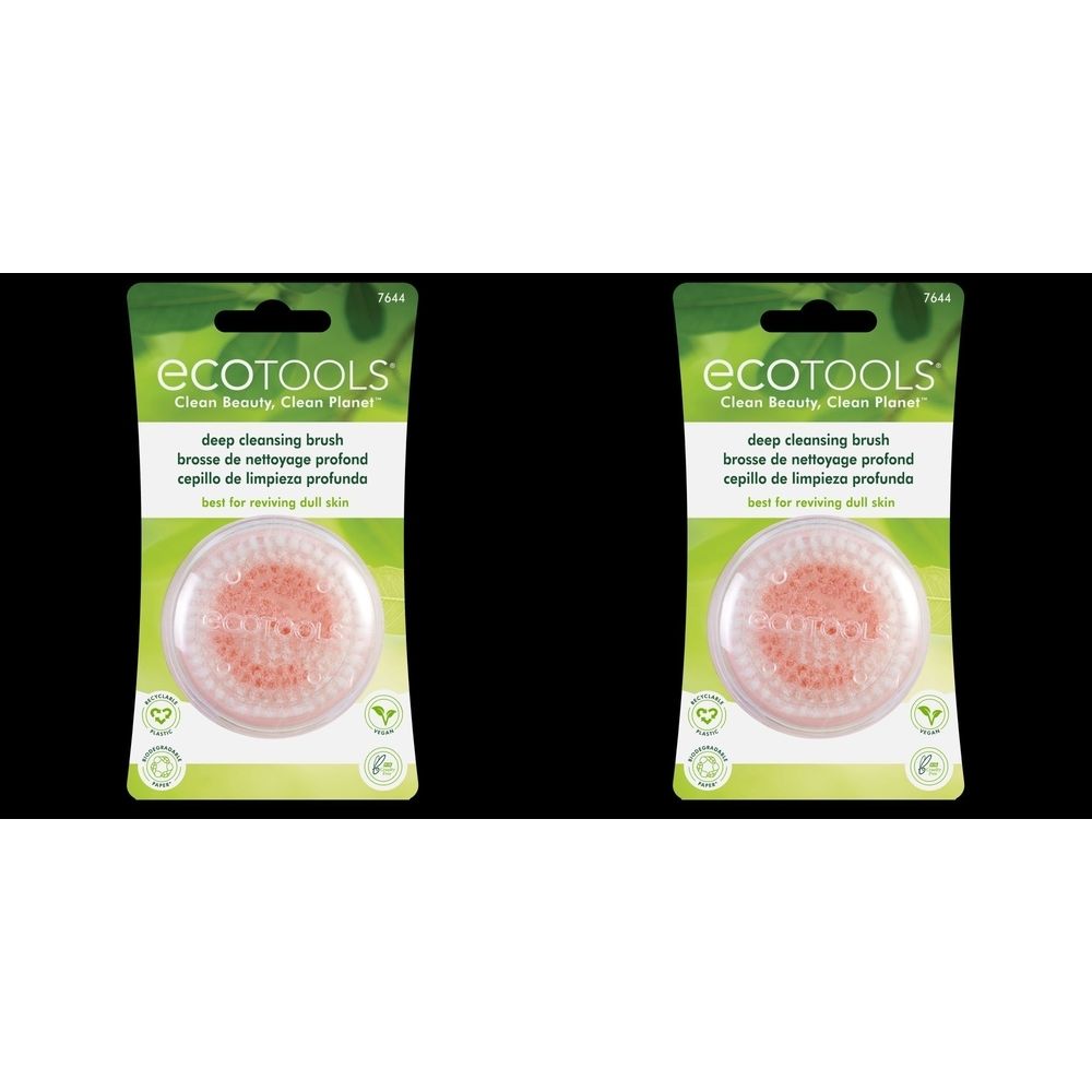 Zwei EcoTools Tiefenreinigungsbürsten in Verpackung. Runde Bürsten mit rosa Borsten. Text: deep cleansing brush.
