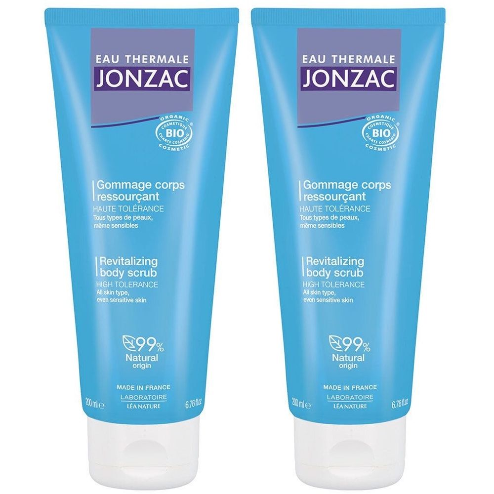 Zwei blaue Tuben mit weißem Deckel. Aufschrift: Jonzac, Gommage corps ressourçant, Revitalizing body scrub, 99% Natural origin.
