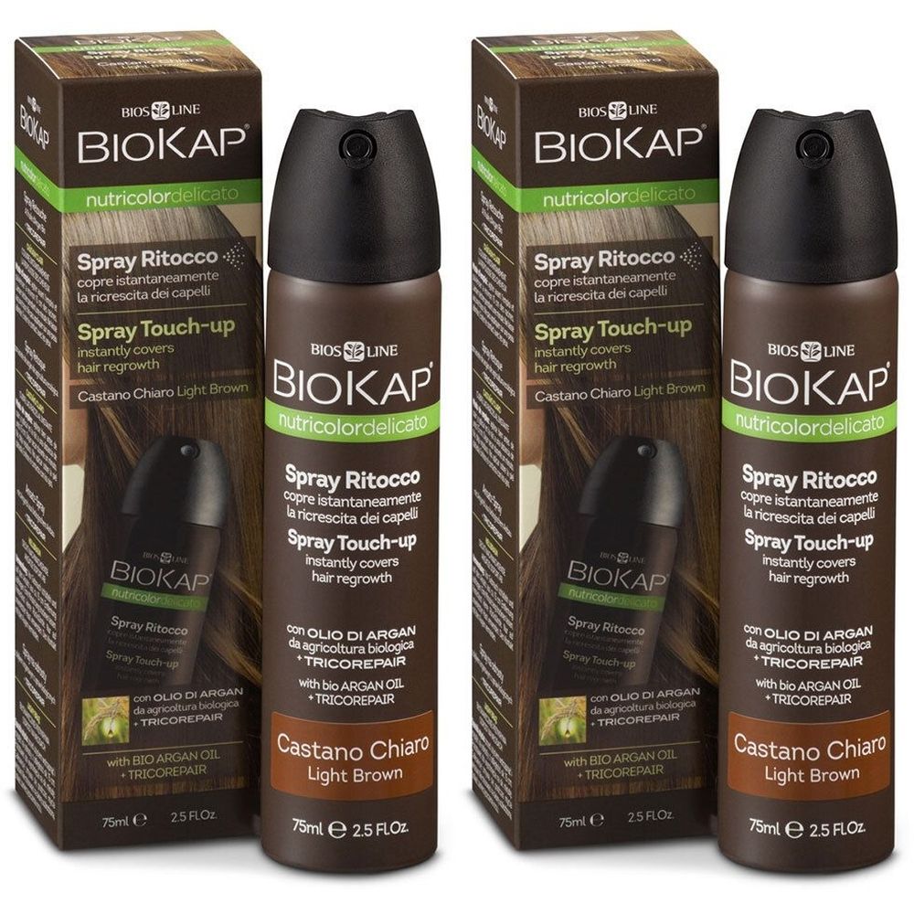 Mehrere Sprays und Verpackungen von BIOKAP Nutricolor Delicato. Aufschrift: Spray Ritocco, Castano Chiaro, Light Brown.