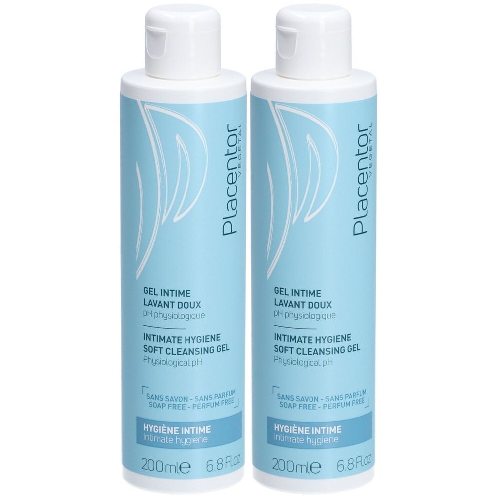 Zwei Flaschen Intimwaschgel. Hellblaue Flaschen mit weißem Deckel. Text: Placentor, GEL INTIME LAVANT DOUX, Intimhygiene, 200ml.