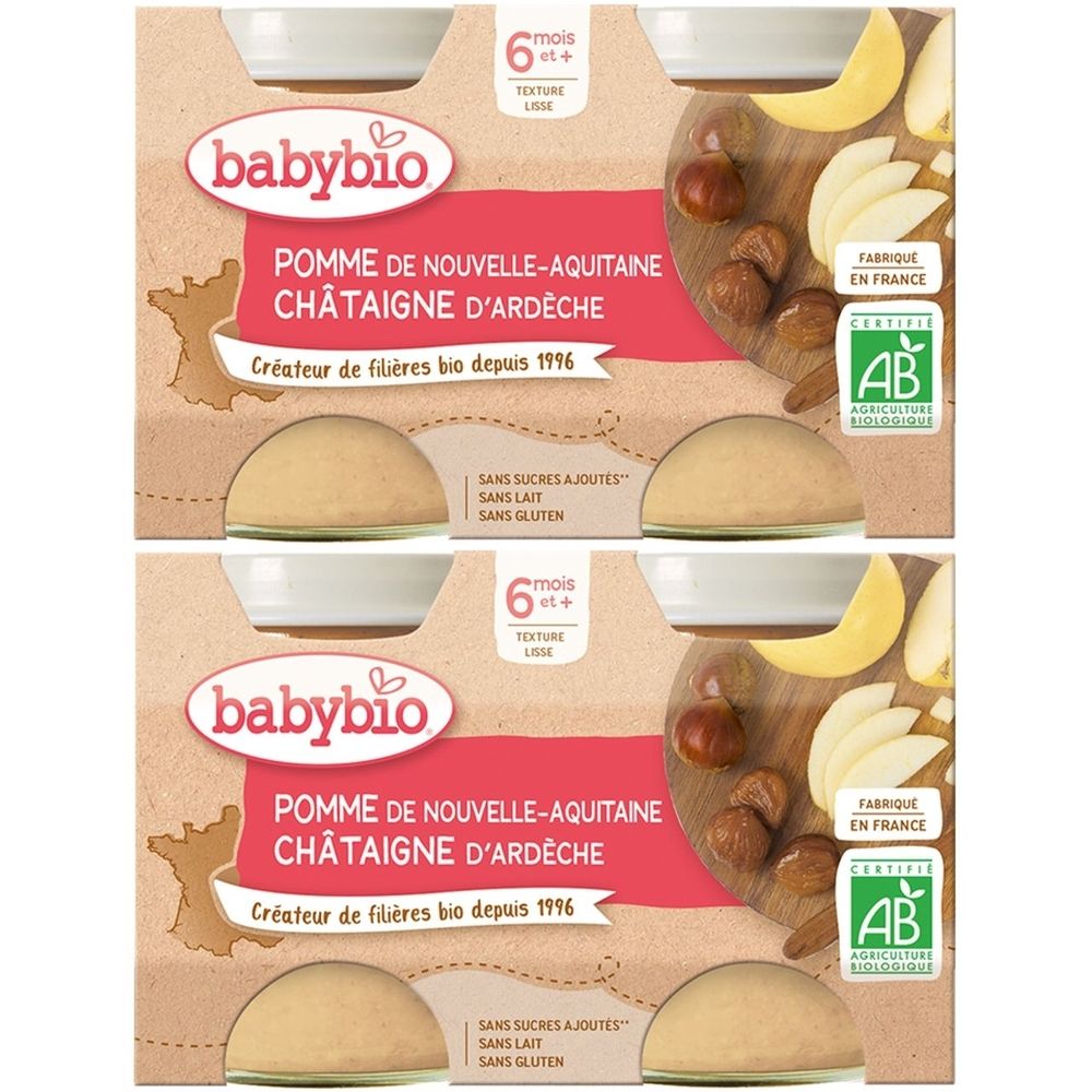 Deux pots Babybio. Inscription: Pomme de Nouvelle-Aquitaine Châtaigne d'Ardèche. Label AB. Texte: 6 mois et plus. Sans sucres ajoutés, sans lait, sans gluten.