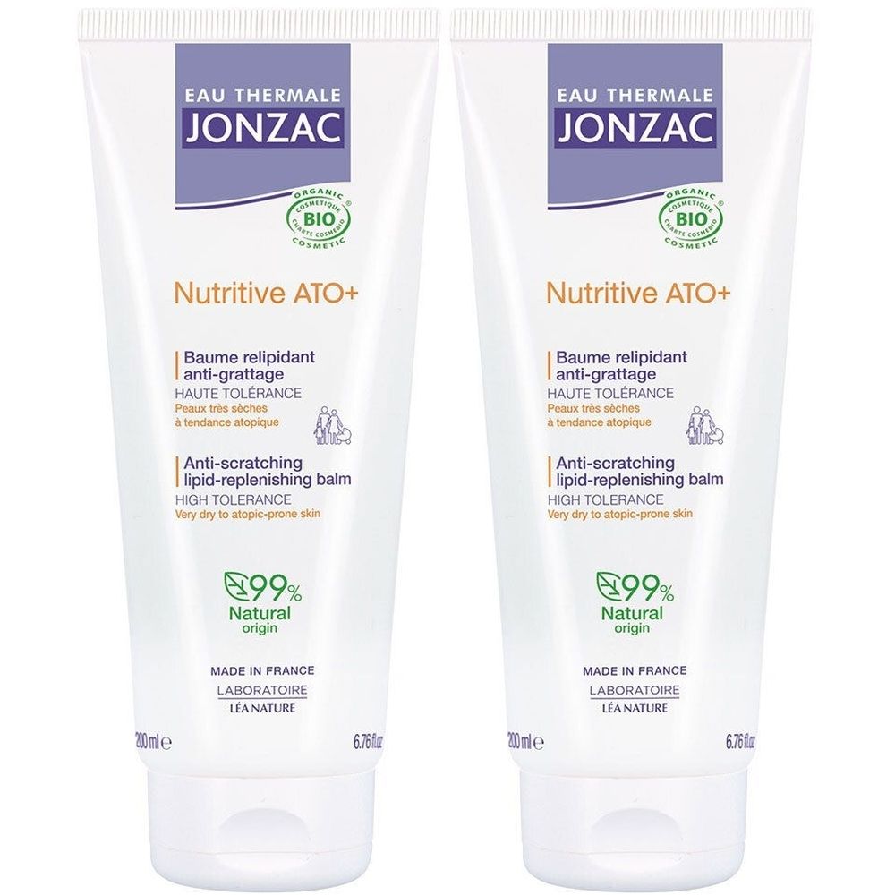 Zwei weiße Tuben mit Produktaufdruck. Oben steht "EAU THERMALE JONZAC". Darunter "Nutritive ATO+" und weitere Produktinformationen.