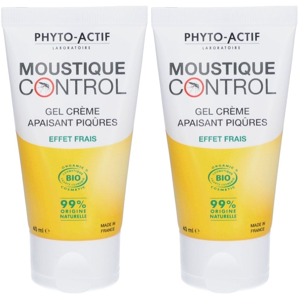 Zwei Tuben Gel Crème. Aufschrift: MOUSTIQUE CONTROL, Gel Crème, Apaisant Piqûres, Effet Frais. Bio-Zertifizierung.