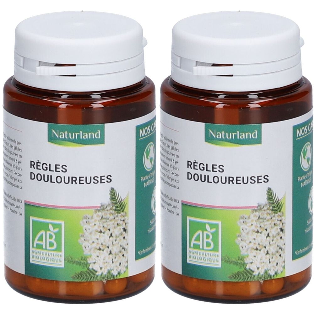 Zwei braune Flaschen mit weißen Deckeln. Auf den Etiketten steht "Règles douloureuses" und "Naturland". AB-Bio-Siegel.