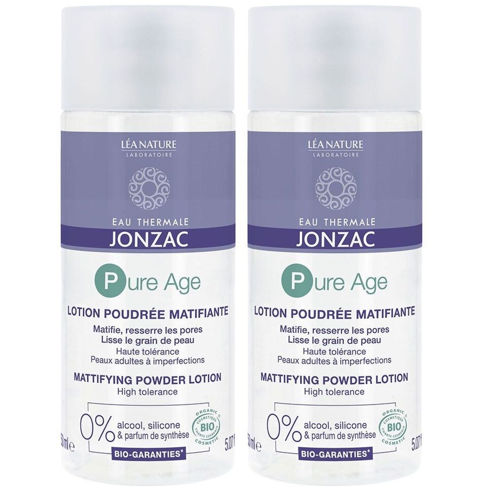 Zwei Flaschen Jonzac Pure Age Bio Mattierende Puderlotion. Weiße Flaschen mit lila Etiketten. Text: Pure Age, Mattifying Powder Lotion, Bio.