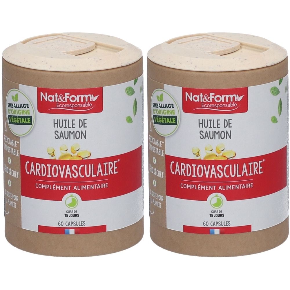 Zwei zylindrische Behälter mit Deckel. Aufschrift: Huile de Saumon, Cardiovasculaire, 60 Kapseln. Marke: Nat&Form. Verpackung aus Pflanzenmaterial.