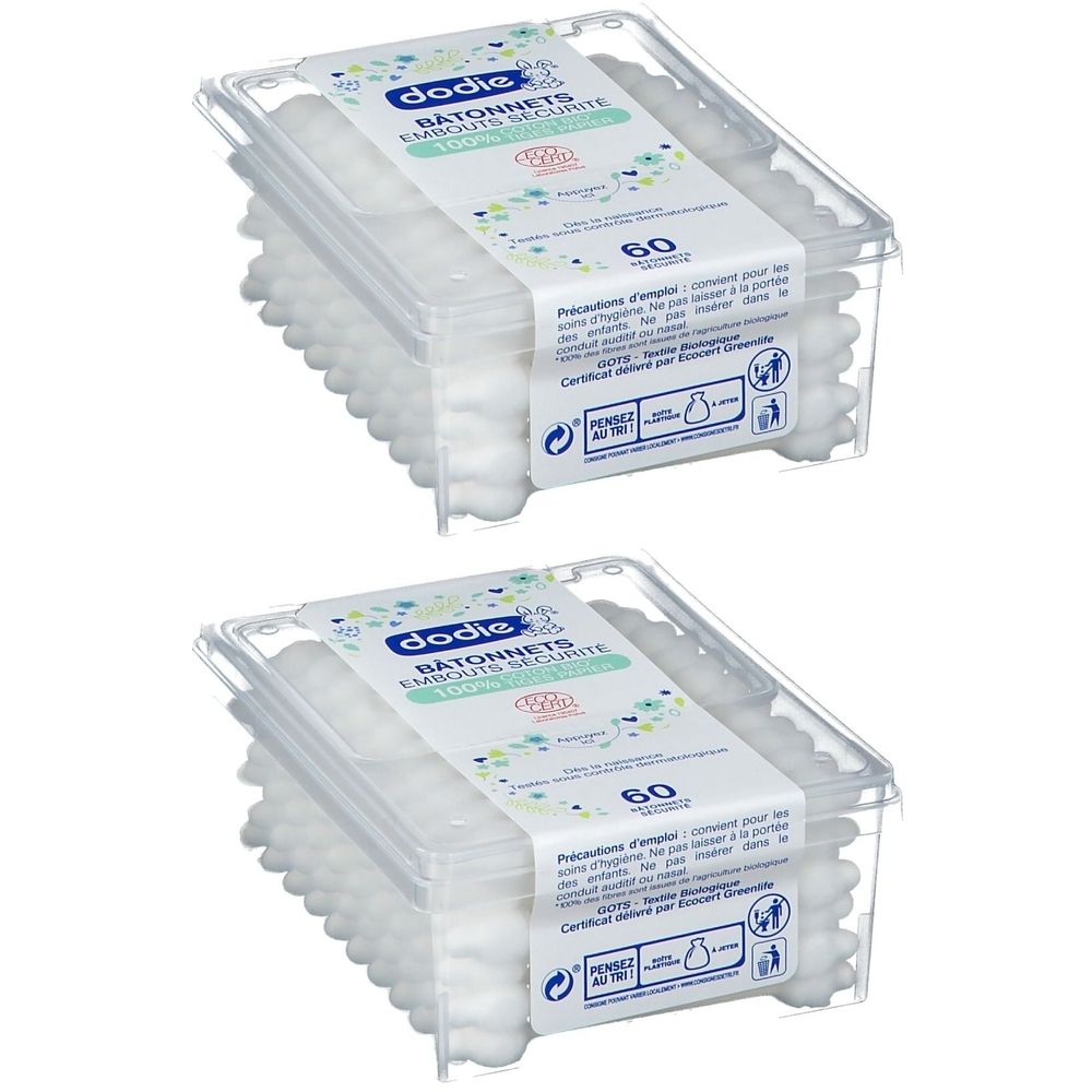 Deux boîtes transparentes de cotons-tiges. Inscription : dodie® Bâtonnets Embouts Sécurité, 60 pièces. Certification écologique.