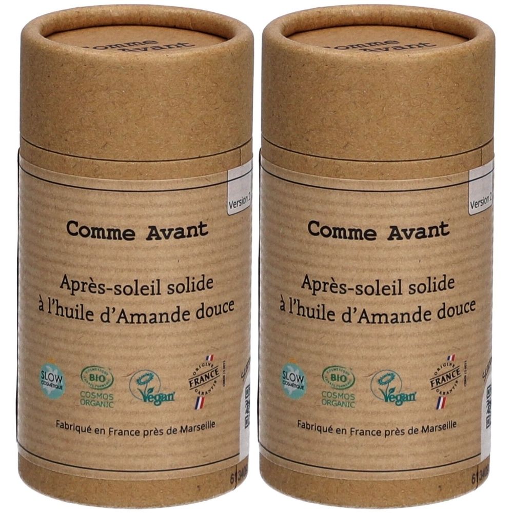 Deux tubes cylindriques en papier brun. Inscription: Comme Avant, Après-soleil solide à l'huile d'Amande douce. Avec labels bio.