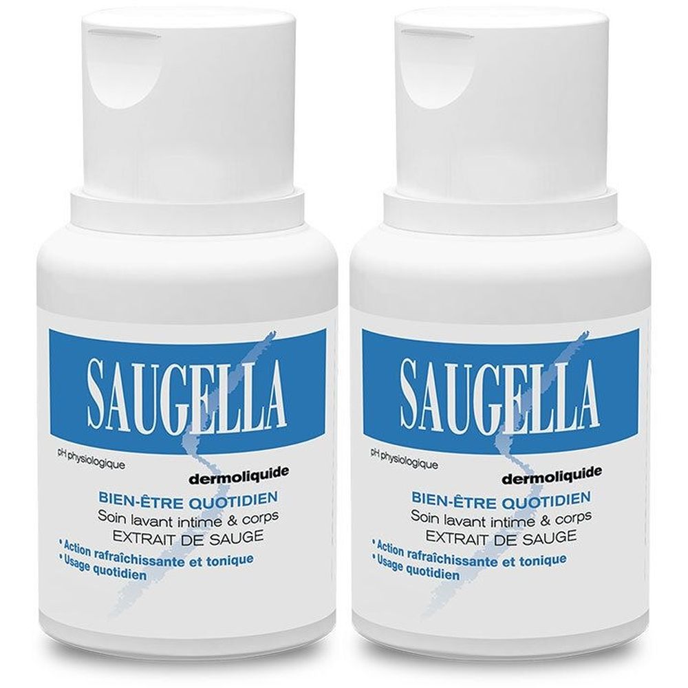 Zwei weiße Flaschen mit blauem Etikett. Aufschrift: SAUGELLA, dermoliquide, Bien-être quotidien. Produkt für Intimhygiene.