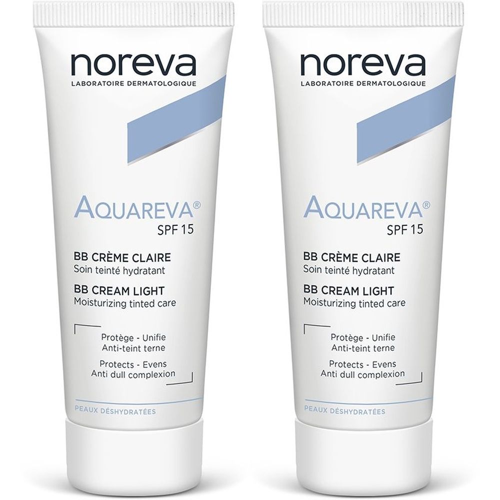 Zwei Tuben Aquareva BB Crème Light. Weiße Tuben mit blauer Markierung. Aufschrift: noreva, Aquareva SPF 15, BB Crème Claire, BB Cream Light.
