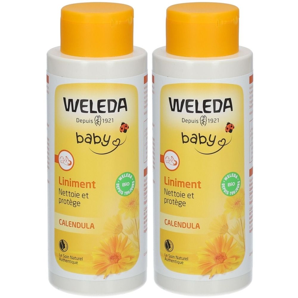 Deux flacons blancs avec bouchons jaunes. Inscription: WELEDA baby, Liniment, Calendula. Label bio.