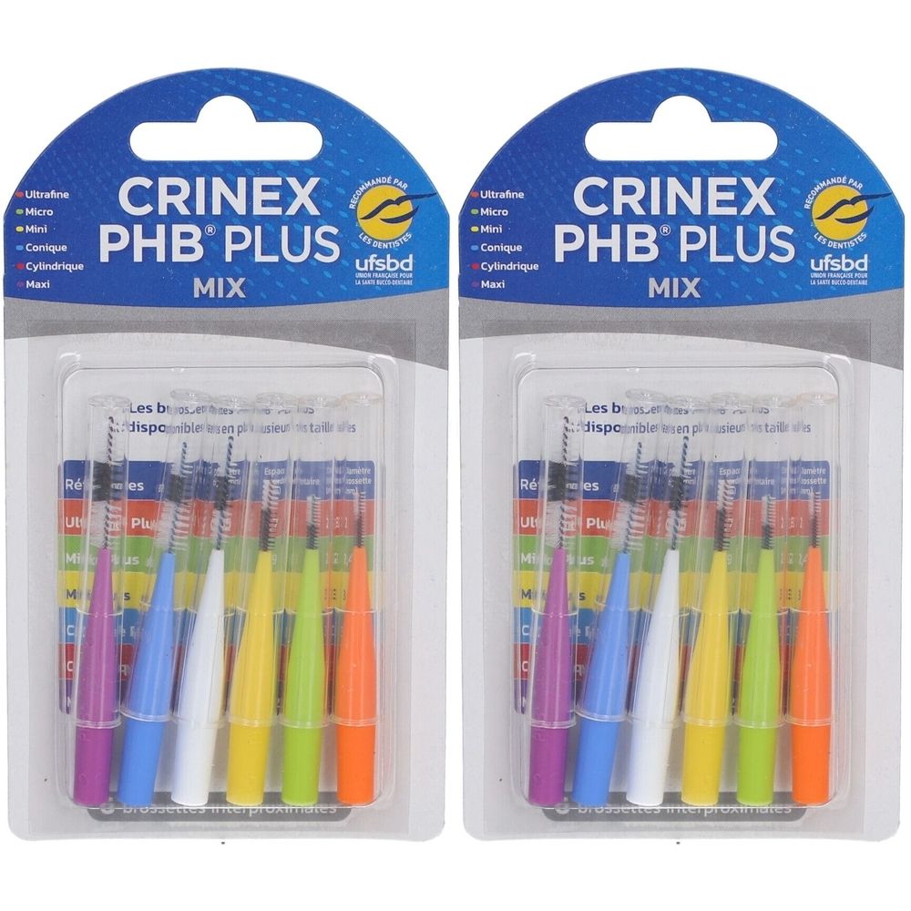 Deux paquets de CRINEX PHB PLUS MIX. Chaque paquet contient des brosses colorées. Emballage bleu avec nom et logo du produit.