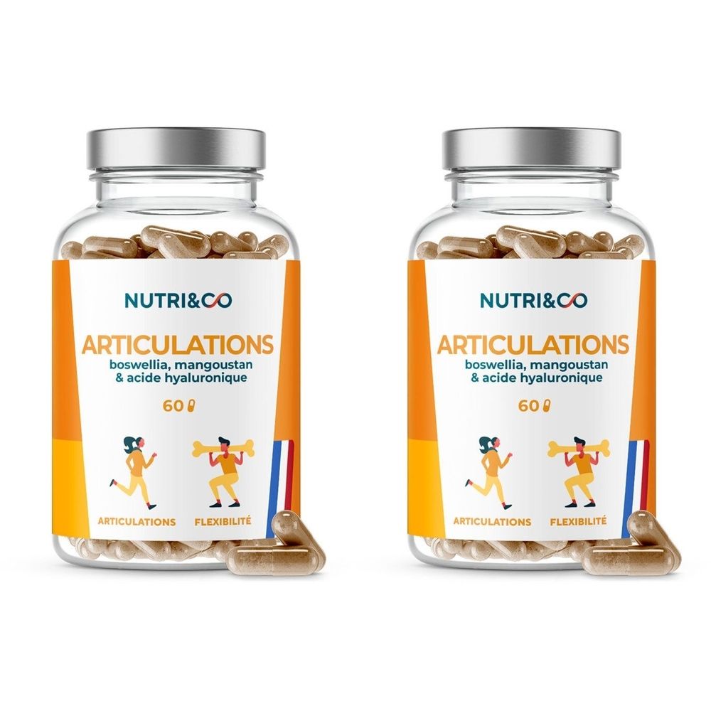 Zwei Glasflaschen mit Kapseln. Aufschrift: NUTRI&CO, ARTICULATIONS, boswellia, mangoustan & acide hyaluronique, 60. Abbildungen von Personen.
