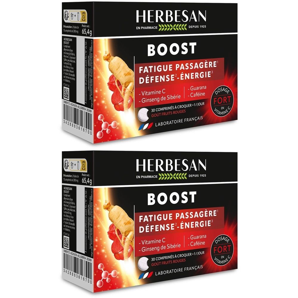 Zwei Schachteln Herbesan Boost. Aufschrift: Fatigue passagère, Défense-Énergie. Enthält Vitamin C, Ginseng, Guarana und Koffein. Dosierung: Fort.