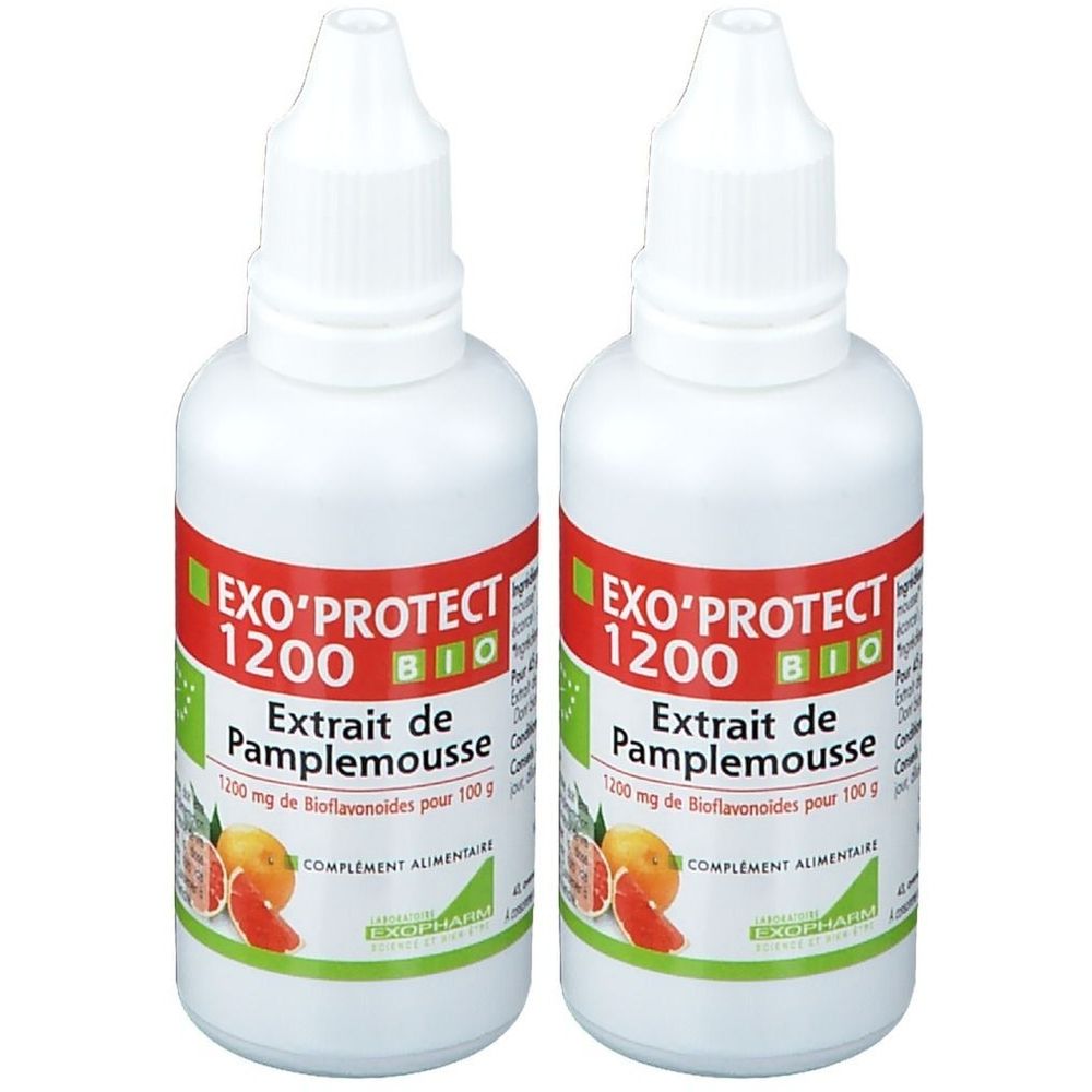 Zwei weiße Flaschen mit Tropfaufsatz. Aufschrift: EXO'PROTECT 1200 BIO, Extrakt de Pamplemousse. Abbildung einer Grapefruit.