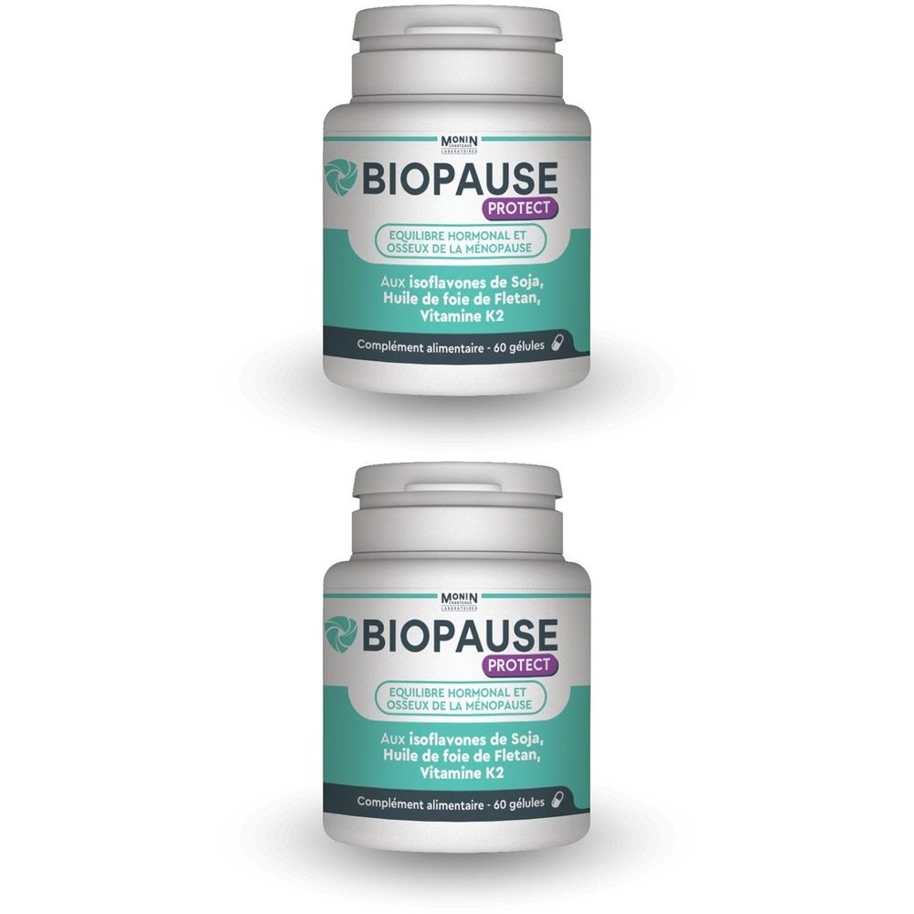 Zwei weiße Pillendosen mit grünen Etiketten. Aufschrift: BIOPAUSE PROTECT, Ergänzungsmittel für die Wechseljahre.