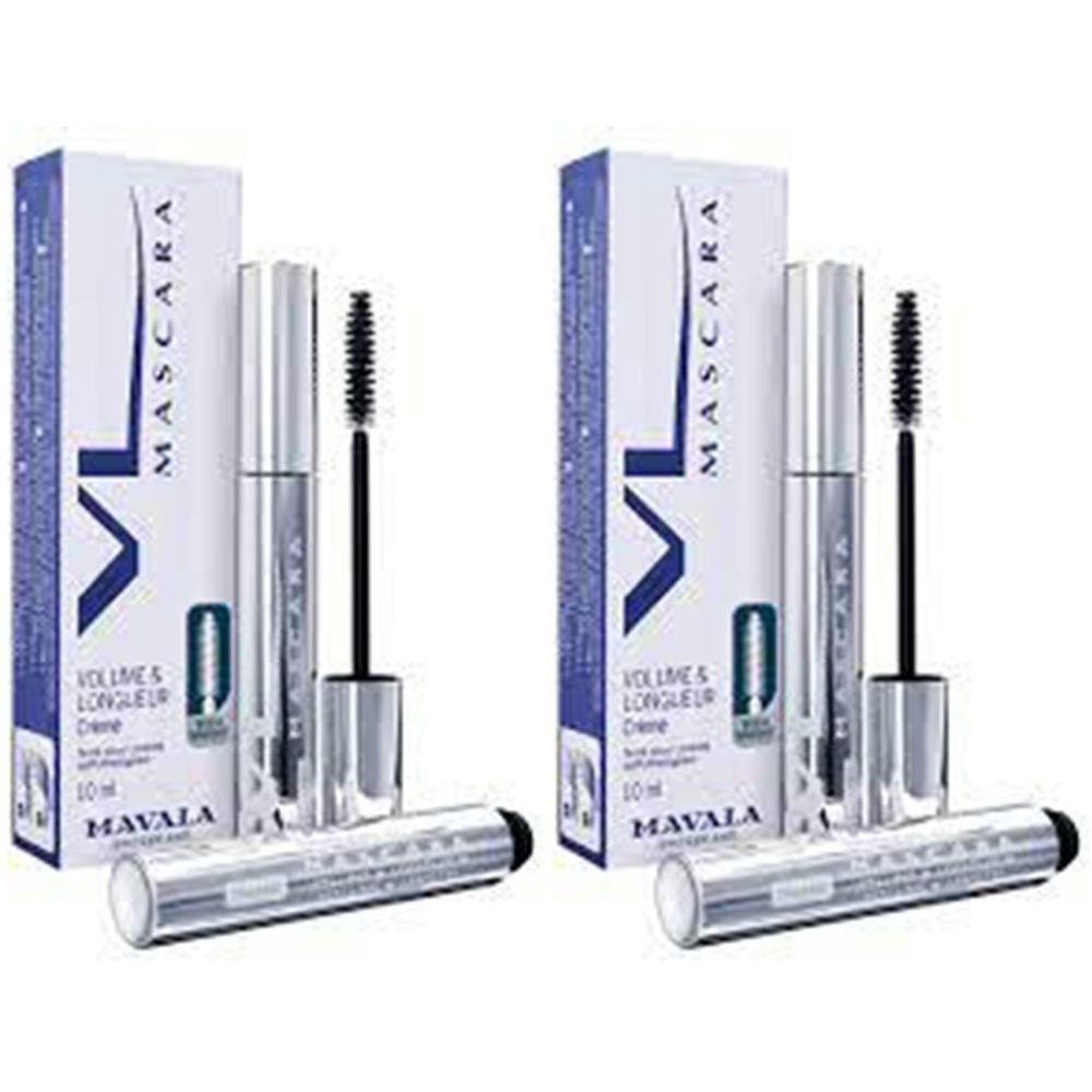 Deux mascaras et leurs emballages. Sur l'emballage, on lit "Mascara" et "Mavala". Les tubes de mascara sont argentés.